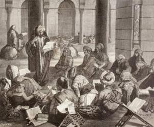 Professor lecturing at the Al-Azhar University, Cairo, in the 19th century, from 'El Mundo Ilustrado', published Barcelona, 1880 (litho) | Obraz na stenu