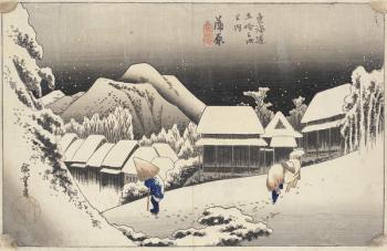 Evening Snow at Kanbara from the series 53 Stations of the Tokaido, c.1833-4 (colour woodblock print) | Obraz na stenu