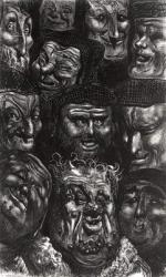 Eleven grotesque faces from 'Les Contes Drolatiques' by Honore de Balzac (1799-1850) engraved by Predhomme (engraving) (b/w photo) | Obraz na stenu