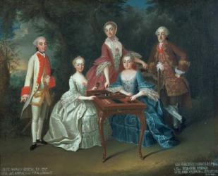 Group portrait of the Harrach family playing backgammon including General Count Ferdinand Harrach, Count Ferdinand Bonaventura Harrach with Rosa, Anna and Josephine | Obraz na stenu