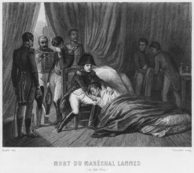 Last moments of Marshal Lannes, Duke of Montebello, at the battle of Essling on 22nd May 1809, engraved by Abraham Girardet (1764-1823) (engraving) (b/w photo) | Obraz na stenu