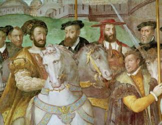 Detail from The Solemn Entrance of Emperor Charles V (1500-58), Francis I (1494-1547) and Alessandro Farnese (1546-92) to Paris in 1540, from the 'Sala dei Fasti Farnese', 1557-66 (fresco) (detail of 133347, see also 156712) | Obraz na stenu