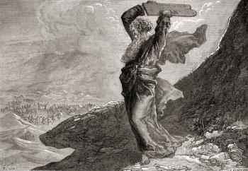 Moses breaking the two stone tablets on which were written the ten commandments. The Book of Exodus, Old Testament. From The Children's Bible, published c. 1883 | Obraz na stenu
