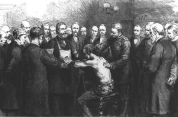 Dr Koch's Treatment for Consumption at the Royal Hospital, Berlin: Professor Pfuhl Inoculating a Patient with the Lymph (engraving) (b&w photo) | Obraz na stenu