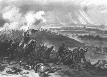 Battle of Gettysburg - Final Charge of the Union Forces at Cemetery Hill, 1863 pub. 1865 (engraving) (b/w photo) | Obraz na stenu