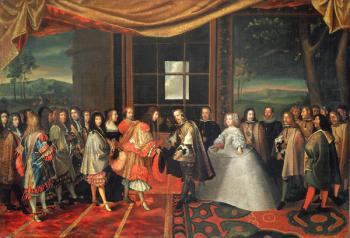 Meeting between Louis XIV (1638-1715) and Philippe IV (1605-65) at Isle des Faisans, 7th November 1659 (oil on canvas) | Obraz na stenu