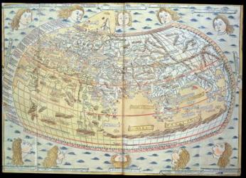 Map of the world, based on descriptions and co-ordinates given in 'Geographia', first published in Ulm, Germany (hand coloured engraving) | Obraz na stenu
