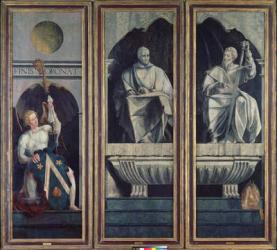 Angel presenting St. Stephen and St. James the Greater with the Arms of Jacques Coëne, Abbot of Marchiennes, from the Polyptych of St. Stephen and St. James the Greater, c.1541 (oil on panel) | Obraz na stenu