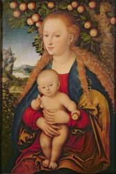 The Virgin and Child under an Apple Tree, 1520-26 (oil on canvas transferred from p tr om anel)) 99 : Jesus Christ; baby; lap; apples; landscape; background; symbolism; Eve; sin; symbolic; infant; rural; | Obraz na stenu