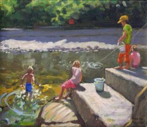 Kids fishing,Looe,Cornwall,2014,(oil on canvas) | Obraz na stenu