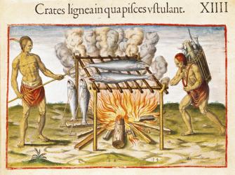 Cooking Fish, from 'Admiranda Narratio...', engraved by Theodore de Bry (1528-98) 1585-88 (coloured engraving) | Obraz na stenu