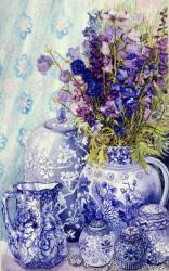 Delphiniums with Antique Blue Pots, 2000, (water colour) | Obraz na stenu