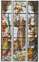 King Francois of France and his wife Eleonore praying, from a 16th century stained glass window in Saint Gudule church, Brussels, from 'Les Arts au Moyen Age', published 1873 (colour litho) | Obraz na stenu