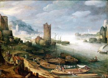 River Scene with a Ruined Tower (oil on canvas) | Obraz na stenu