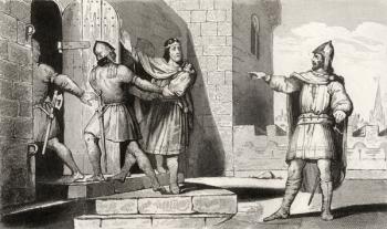 Charles III (879-929) the Simple taken prisoner by one of his soldiers, from 'Histoire de France' by Colart, published c.1840 (engraving) | Obraz na stenu