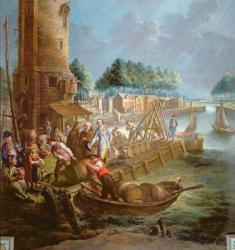 Canal scene with wine merchant unloading barrels | Obraz na stenu