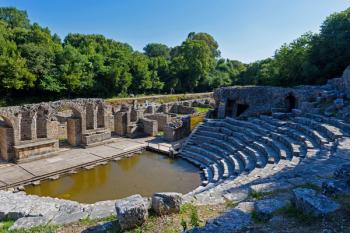 Albania. Butrint or Buthrotum archeological site; a UNESCO World Heritage Site. The theatre. A rising water table has flooded the orchestra. | Obraz na stenu