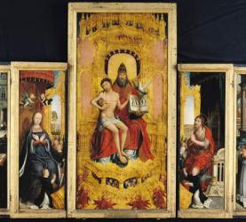 Polyptych of the Glorification of the Holy Trinity, central panel depicting the Trinity, the Virgin and St. John the Baptist, c.1509-16 (oil on panel) | Obraz na stenu