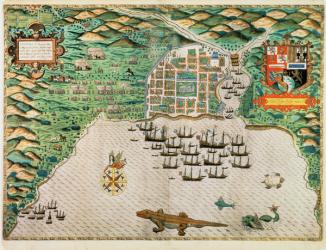 Santiago, Cape Verde, 1589 (hand-coloured engraving) | Obraz na stenu