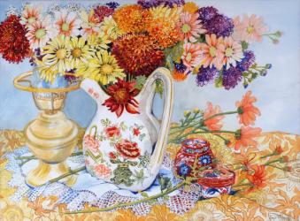 Chrysanthemums in a Chinese Jug, 2012,w/c on paper | Obraz na stenu