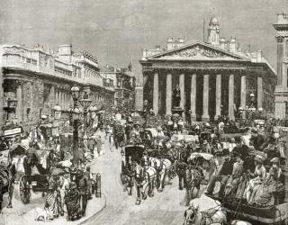 The Bank of England and the Royal Exchange in the nineteenth century, from 'London Pictures: Drawn with Pen and Pencil', by Rev. Richard Lovett, published 1890 (litho) | Obraz na stenu