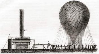 Device used to fill L'Entreprenant, the first hot air balloon used by the military, with hydrogen gas in the 18th century, from 'Les Merveilles de la Science', published c.1870 (litho) | Obraz na stenu