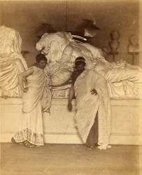 Two male students in Grecian Costume before a plaster cast of the three fates from the Elgin Marbles, c.1882-3 (albumen silver print) | Obraz na stenu