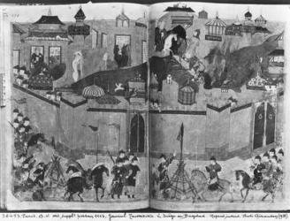 Ms Suppl Persan 1113 f.180-181 Mongols under the leadership of Hulagu Khan storming and capturing Baghdad in 1258, from the 'Jami al-Tawarikh' by Rashid al-Din, c.1310 (vellum) (b/w photo) | Obraz na stenu