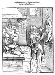 View of a sixteenth century kitchen with cook gutting a rabbit (woodcut) | Obraz na stenu