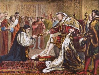 Hugh Latimer presenting the Bible to King Henry VIII, from 'Old England's Worthies' by Lord Brougham and others, published London, c.1880s (colour litho) | Obraz na stenu