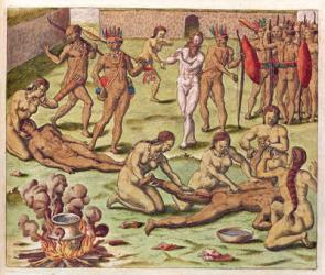 Navigatio in Brasiliam Americae, Immolation of a Barbarian (page 525), 1563 (colour engraving) | Obraz na stenu
