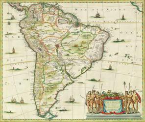 America Pars Meridionalis, page 93 of 'Atlas Minor Sive Geographia Compendiosa, qua Orbis Terrarum' compiled by Nicolaes Visscher (1618-1709) 1655 (hand coloured engraving) | Obraz na stenu