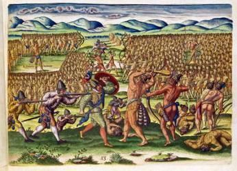 The French Help the Indians in Battle, from 'Brevis Narratio..', engraved by Theodore de Bry (1528-98) published in Frankfurt, 1591 (coloured engraving) (see also 173458 & 111679) | Obraz na stenu