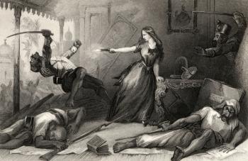 Miss Wheeler defending herself against Sepoys at Cawnpore in 1857, from 'The History of the Indian Mutiny', published in 1858 (engraving) | Obraz na stenu