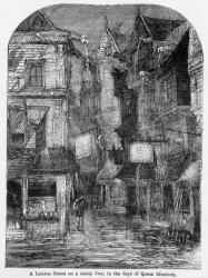 A London Street on a Rainy Day, in the days of Queen Elizabeth, illustration from 'Cassell's Illustrated History of England' by John Cassell, published 1857 (engraving) | Obraz na stenu