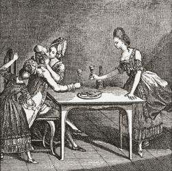 Life in a Berlin brothel, 18th century. One prostitute steals from a customer whilst he is kissing another prostitute. From Illustrierte Sittengeschichte vom Mittelalter bis zur Gegenwart by Eduard Fuchs, published 1909. | Obraz na stenu