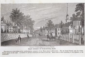 Main street in Worcester, from 'Historical Collections of Massachusetts', by John Warner Barber, engraved by J. Downes, 1839 (engraving) | Obraz na stenu