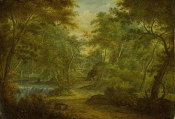 A Wooded Landscape with a Stream and a Fisherman (oil on copper) | Obraz na stenu