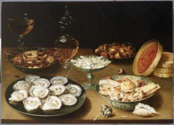 Still life with oysters, sweetmeats and roasted chestnuts (panel) | Obraz na stenu