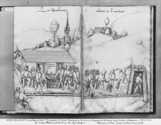 Silver mine of La Croix-aux-Mines, Lorraine, fol.7v and fol.8r, collectors entering the mine, c.1530 (pen & ink & w/c on paper) (b/w photo) | Obraz na stenu