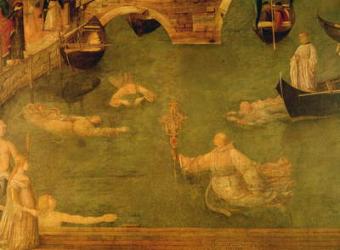 Miracle of the Cross at the Bridge of S. Lorenzo, detail of monks swimming, 1500 (tempera on canvas) | Obraz na stenu