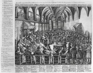Assembly of the Most Illustrious Princes of Germany, in the Bishop's Hall, Augsbourg, in the Presence of Charles V (1500-58) on 25th June 1530 (engraving) (b/w photo) | Obraz na stenu
