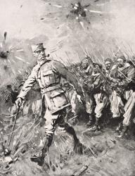 Major Jean-Baptiste Marchand, pipe in mouth, cane in hand, leads Zouave and Moroccan untis against German enemy Western Front 1915, from 'The War Illustrated Album deLuxe', published in London, 1916 (litho) | Obraz na stenu