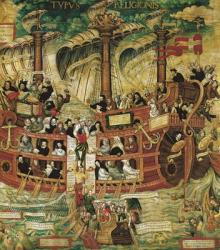 'Typus Religionis', Allegory of the Society of Jesus, detail of the central part depicting a three-masted ship carrying the founders of the Orders (oil on canvas) | Obraz na stenu