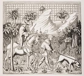 Nobleman in Hunting Costume with his Servant and Dog, after a 15th century miniature in 'Des Deduits de la Chasse des Bestes Sauvages' by Gaston Phoebus, from 'Le Moyen Age et La Renaissance' by Paul Lacroix (1806-84) published 1847 (litho) | Obraz na stenu