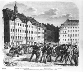 Uprising in Dresden on 6th March 1848, illustration from 'Illustrierte Zeitung' (engraving) (b/w photo) | Obraz na stenu