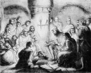 Secret Study of Wycliffe's Bible (engraving) (b/w photo) | Obraz na stenu
