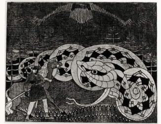 Seppo Llmarinen Ploughing the Field of Snakes, illustration from 'Kalevala' compiled and edited Elias Lonnrot (1802-84) (engraving) (b/w photo) | Obraz na stenu