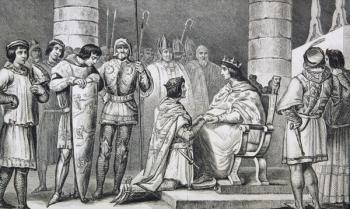 Philippe VI (1293-1350) de Valois renders homage to Edward III (1312-77) of England but only as Duke of Aquitaine, from 'Histoire de France' by Colart, published c.1840 (engraving) | Obraz na stenu