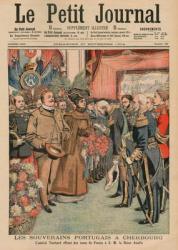 The Portuguese sovereigns in Cherbourg, Admiral Touchard offering French roses to Her Majesty Queen Amelie of portugal, front cover illustration from 'Le Petit Journal', supplement illustre, 27th November 1904 (colour litho) | Obraz na stenu